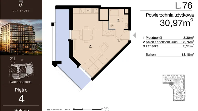Rzut - Mieszkanie na sprzedaż 1 pokój o powierzchni 30,97 m² - numer L.76 w Sky Trust etap III - apartamenty inwestycyjne 23% VAT