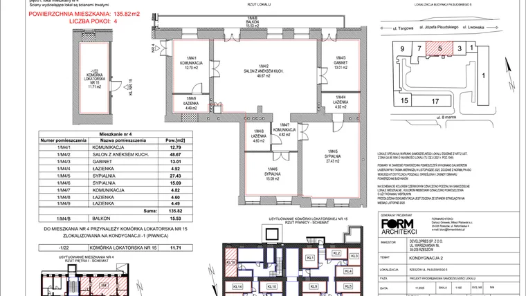 Rzut - Mieszkanie na sprzedaż 4 pokoje o powierzchni 135,82 m² - numer 4 w Piłsudskiego 5