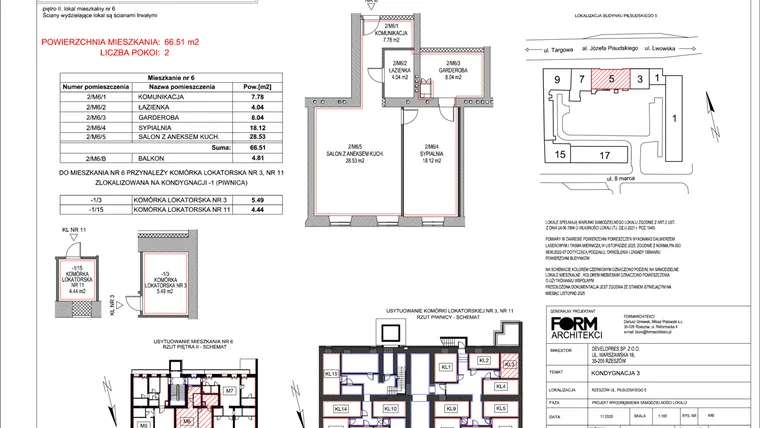 Rzut - Mieszkanie na sprzedaż 2 pokoje o powierzchni 66,51 m² - numer 6 w Piłsudskiego 5