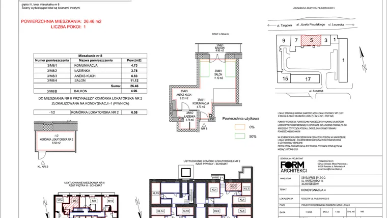 Rzut - Mieszkanie na sprzedaż 1 pokój o powierzchni 26,46 m² - numer 8 w Piłsudskiego 5