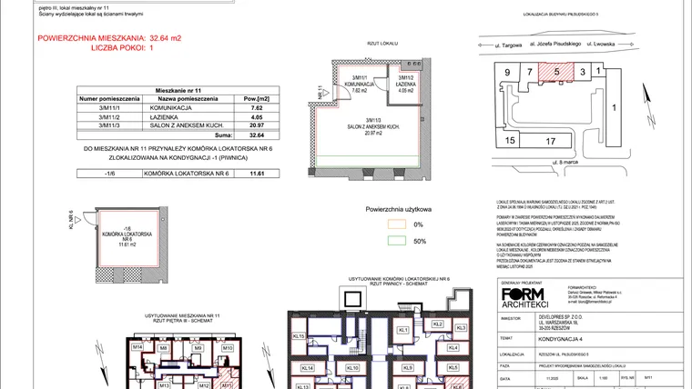 Rzut - Mieszkanie na sprzedaż 1 pokój o powierzchni 32,64 m² - numer 11 w Piłsudskiego 5