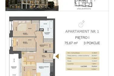 Rzut - Mieszkanie na sprzedaż 3 pokoje o powierzchni 75,67 m² - numer M1 w Kijowska Premium