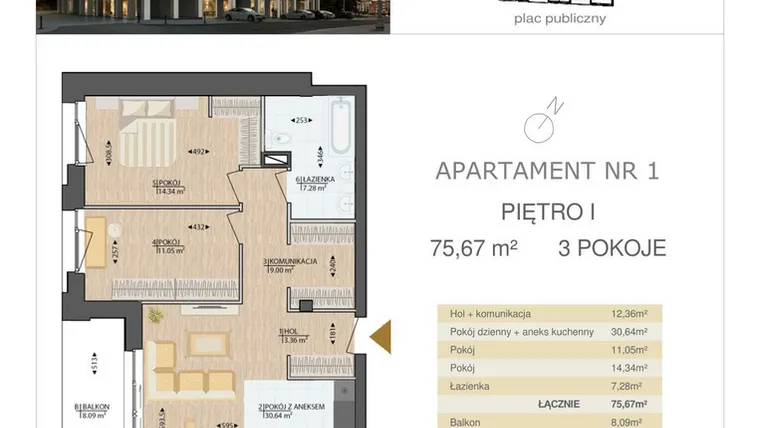 Rzut - Mieszkanie na sprzedaż 3 pokoje o powierzchni 75,67 m² - numer M1 w Kijowska Premium