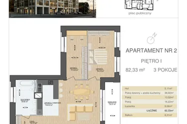 Rzut - Mieszkanie na sprzedaż 3 pokoje o powierzchni 82,33 m² - numer M2 w Kijowska Premium