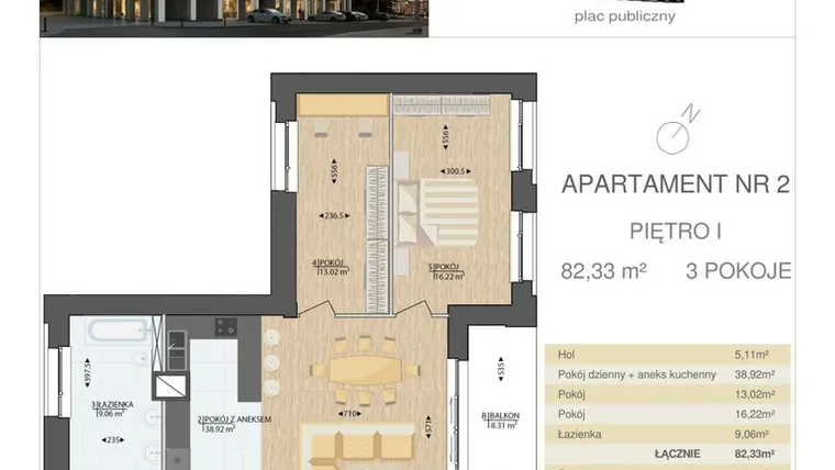 Rzut - Mieszkanie na sprzedaż 3 pokoje o powierzchni 82,33 m² - numer M2 w Kijowska Premium