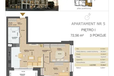 Rzut - Mieszkanie na sprzedaż 3 pokoje o powierzchni 72,56 m² - numer M5 w Kijowska Premium