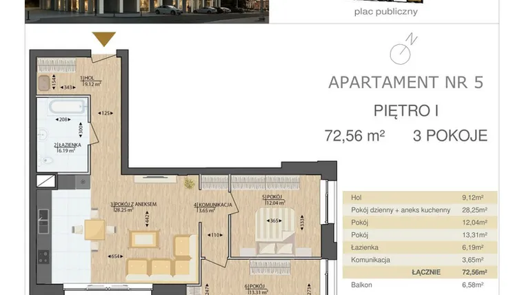 Rzut - Mieszkanie na sprzedaż 3 pokoje o powierzchni 72,56 m² - numer M5 w Kijowska Premium