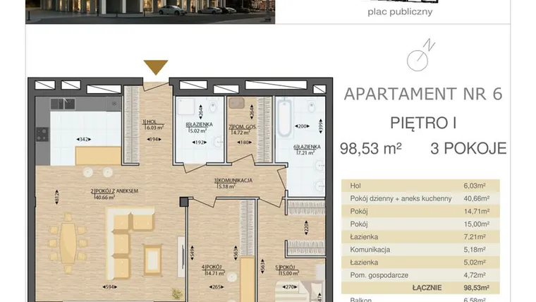 Rzut - Mieszkanie na sprzedaż 3 pokoje o powierzchni 98,53 m² - numer M6 w Kijowska Premium