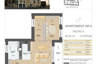 Rzut - Mieszkanie na sprzedaż 3 pokoje o powierzchni 82,33 m² - numer M9 w Kijowska Premium