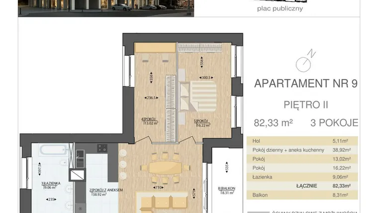 Rzut - Mieszkanie na sprzedaż 3 pokoje o powierzchni 82,33 m² - numer M9 w Kijowska Premium