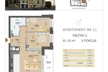Rzut - Mieszkanie na sprzedaż 3 pokoje o powierzchni 81,1 m² - numer M11 w Kijowska Premium
