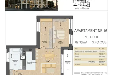 Rzut - Mieszkanie na sprzedaż 3 pokoje o powierzchni 82,33 m² - numer M16 w Kijowska Premium