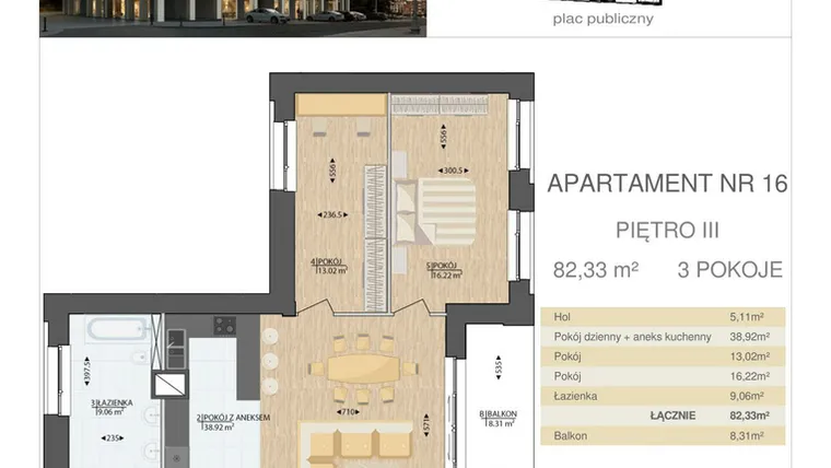 Rzut - Mieszkanie na sprzedaż 3 pokoje o powierzchni 82,33 m² - numer M16 w Kijowska Premium