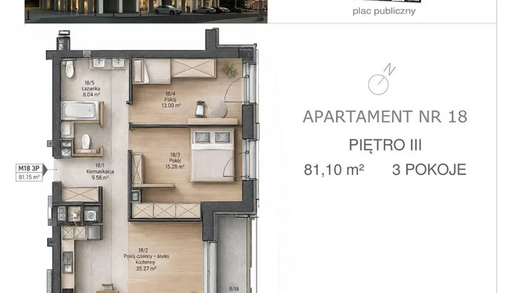 Rzut - Mieszkanie na sprzedaż 3 pokoje o powierzchni 81,1 m² - numer M18 w Kijowska Premium