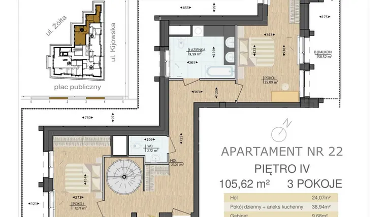 Rzut - Mieszkanie na sprzedaż 3 pokoje o powierzchni 105,57 m² - numer M22 w Kijowska Premium