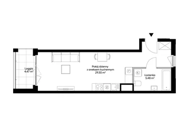 Rzut - Mieszkanie na sprzedaż 1 pokój o powierzchni 34,78 m² - numer 1BD0401 w Awangarda Mogilska