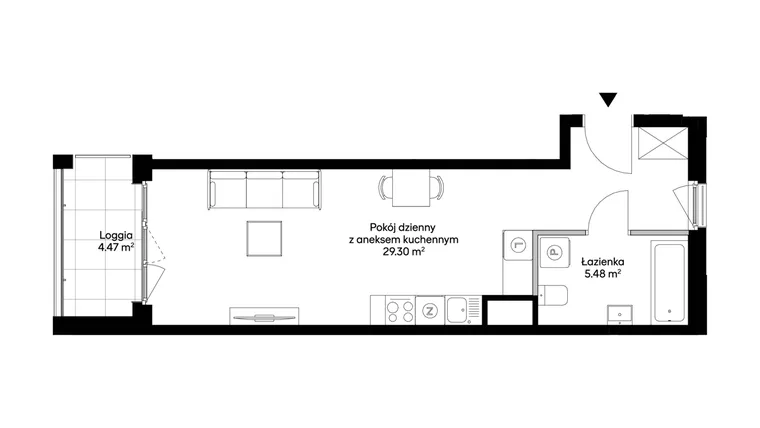 Rzut - Mieszkanie na sprzedaż 1 pokój o powierzchni 34,78 m² - numer 1BD0401 w Awangarda Mogilska