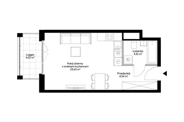Rzut - Mieszkanie na sprzedaż 1 pokój o powierzchni 32,48 m² - numer 1BD0803 w Awangarda Mogilska