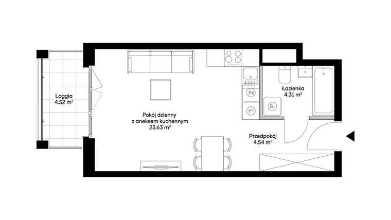 Rzut - Mieszkanie na sprzedaż 1 pokój o powierzchni 32,48 m² - numer 1BD0803 w Awangarda Mogilska