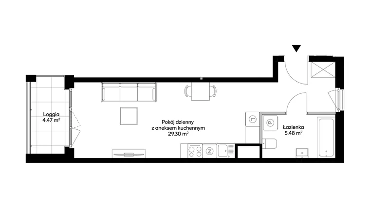 Rzut - Mieszkanie na sprzedaż 1 pokój o powierzchni 34,78 m² - numer 1BD0901 w Awangarda Mogilska