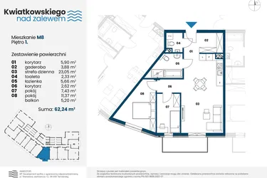 Rzut - Mieszkanie na sprzedaż 3 pokoje o powierzchni 62,24 m² - numer m8 w Kwiatkowskiego nad Zalewem