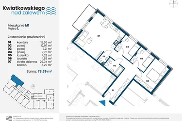 Rzut - Mieszkanie na sprzedaż 4 pokoje o powierzchni 78,39 m² - numer m1 w Kwiatkowskiego nad Zalewem