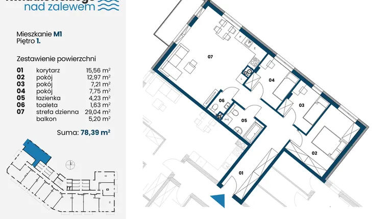 Rzut - Mieszkanie na sprzedaż 4 pokoje o powierzchni 78,39 m² - numer m1 w Kwiatkowskiego nad Zalewem
