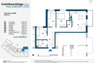 Rzut - Mieszkanie na sprzedaż 4 pokoje o powierzchni 70,39 m² - numer m13 w Kwiatkowskiego nad Zalewem