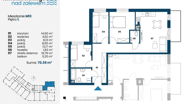 Rzut - Mieszkanie na sprzedaż 4 pokoje o powierzchni 70,39 m² - numer m13 w Kwiatkowskiego nad Zalewem