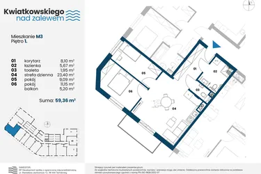 Rzut - Mieszkanie na sprzedaż 3 pokoje o powierzchni 59,36 m² - numer m3 w Kwiatkowskiego nad Zalewem