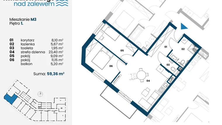 Rzut - Mieszkanie na sprzedaż 3 pokoje o powierzchni 59,36 m² - numer m3 w Kwiatkowskiego nad Zalewem