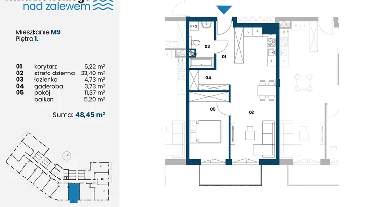 Rzut - Mieszkanie na sprzedaż 2 pokoje o powierzchni 48,45 m² - numer m9 w Kwiatkowskiego nad Zalewem