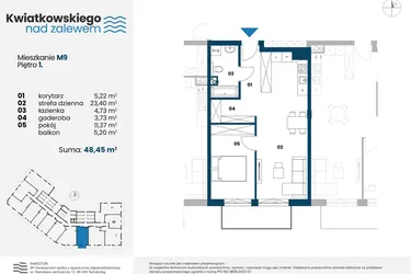 Rzut - Mieszkanie na sprzedaż 2 pokoje o powierzchni 48,45 m² - numer m9 w Kwiatkowskiego nad Zalewem