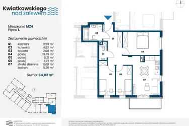Rzut - Mieszkanie na sprzedaż 4 pokoje o powierzchni 64,76 m² - numer m24 w Kwiatkowskiego nad Zalewem