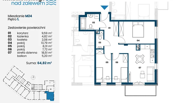 Rzut - Mieszkanie na sprzedaż 4 pokoje o powierzchni 64,76 m² - numer m24 w Kwiatkowskiego nad Zalewem
