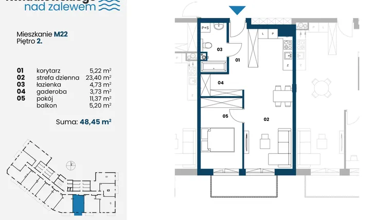 Rzut - Mieszkanie na sprzedaż 2 pokoje o powierzchni 48,45 m² - numer m22 w Kwiatkowskiego nad Zalewem