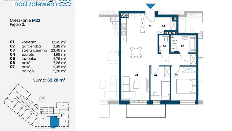 Rzut - Mieszkanie na sprzedaż 3 pokoje o powierzchni 62,28 m² - numer m23 w Kwiatkowskiego nad Zalewem