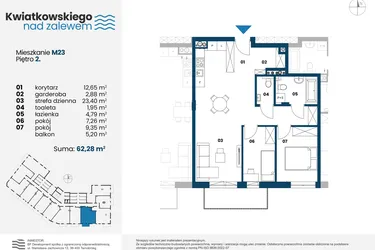 Rzut - Mieszkanie na sprzedaż 3 pokoje o powierzchni 62,28 m² - numer m23 w Kwiatkowskiego nad Zalewem