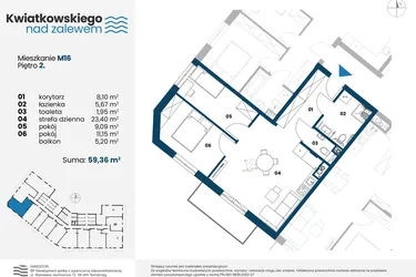 Rzut - Mieszkanie na sprzedaż 3 pokoje o powierzchni 59,36 m² - numer m16 w Kwiatkowskiego nad Zalewem