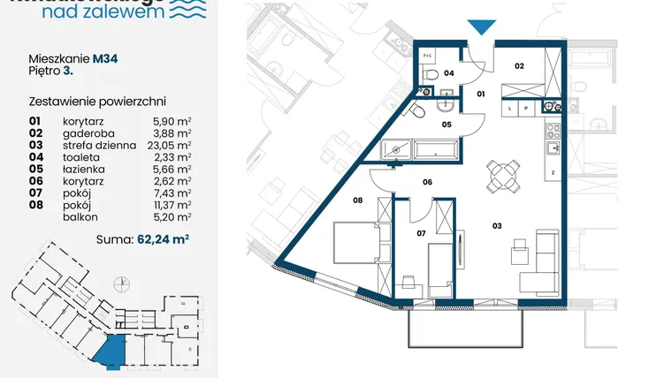 Rzut - Mieszkanie na sprzedaż 3 pokoje o powierzchni 62,24 m² - numer m34 w Kwiatkowskiego nad Zalewem