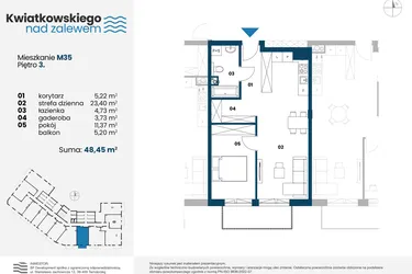 Rzut - Mieszkanie na sprzedaż 2 pokoje o powierzchni 48,45 m² - numer m35 w Kwiatkowskiego nad Zalewem