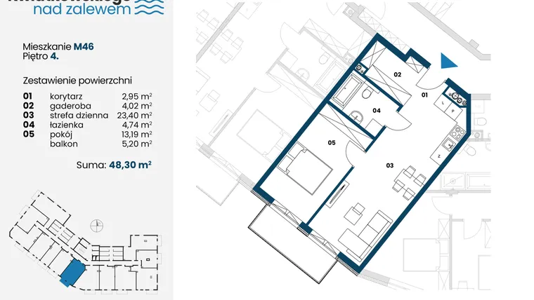 Rzut - Mieszkanie na sprzedaż 2 pokoje o powierzchni 48,3 m² - numer m46 w Kwiatkowskiego nad Zalewem