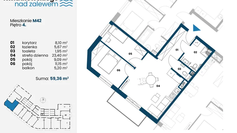 Rzut - Mieszkanie na sprzedaż 3 pokoje o powierzchni 59,36 m² - numer m42 w Kwiatkowskiego nad Zalewem
