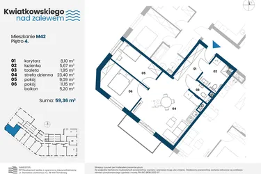 Rzut - Mieszkanie na sprzedaż 3 pokoje o powierzchni 59,36 m² - numer m42 w Kwiatkowskiego nad Zalewem