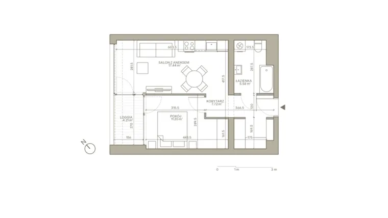 Rzut - Mieszkanie na sprzedaż 2 pokoje o powierzchni 41,94 m² - numer B/3/8 w Jaracza 79