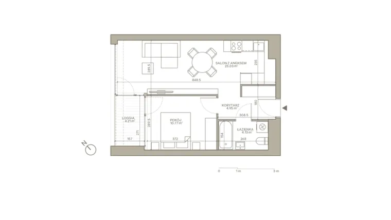 Rzut - Mieszkanie na sprzedaż 2 pokoje o powierzchni 42,88 m² - numer B/3/7 w Jaracza 79