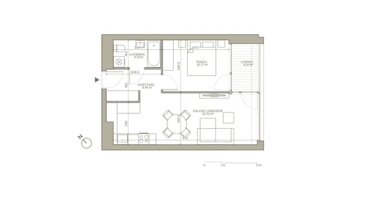 Rzut - Mieszkanie na sprzedaż 2 pokoje o powierzchni 42,77 m² - numer B/5/4 w Jaracza 79