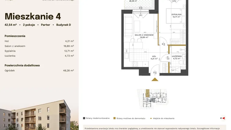 Rzut - Mieszkanie na sprzedaż 2 pokoje o powierzchni 42,54 m² - numer 4 w Stacja Błonie etap IV