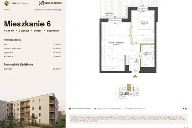 Rzut - Mieszkanie na sprzedaż 2 pokoje o powierzchni 44,34 m² - numer 6 w Stacja Błonie etap IV