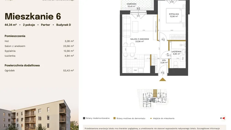 Rzut - Mieszkanie na sprzedaż 2 pokoje o powierzchni 44,34 m² - numer 6 w Stacja Błonie etap IV